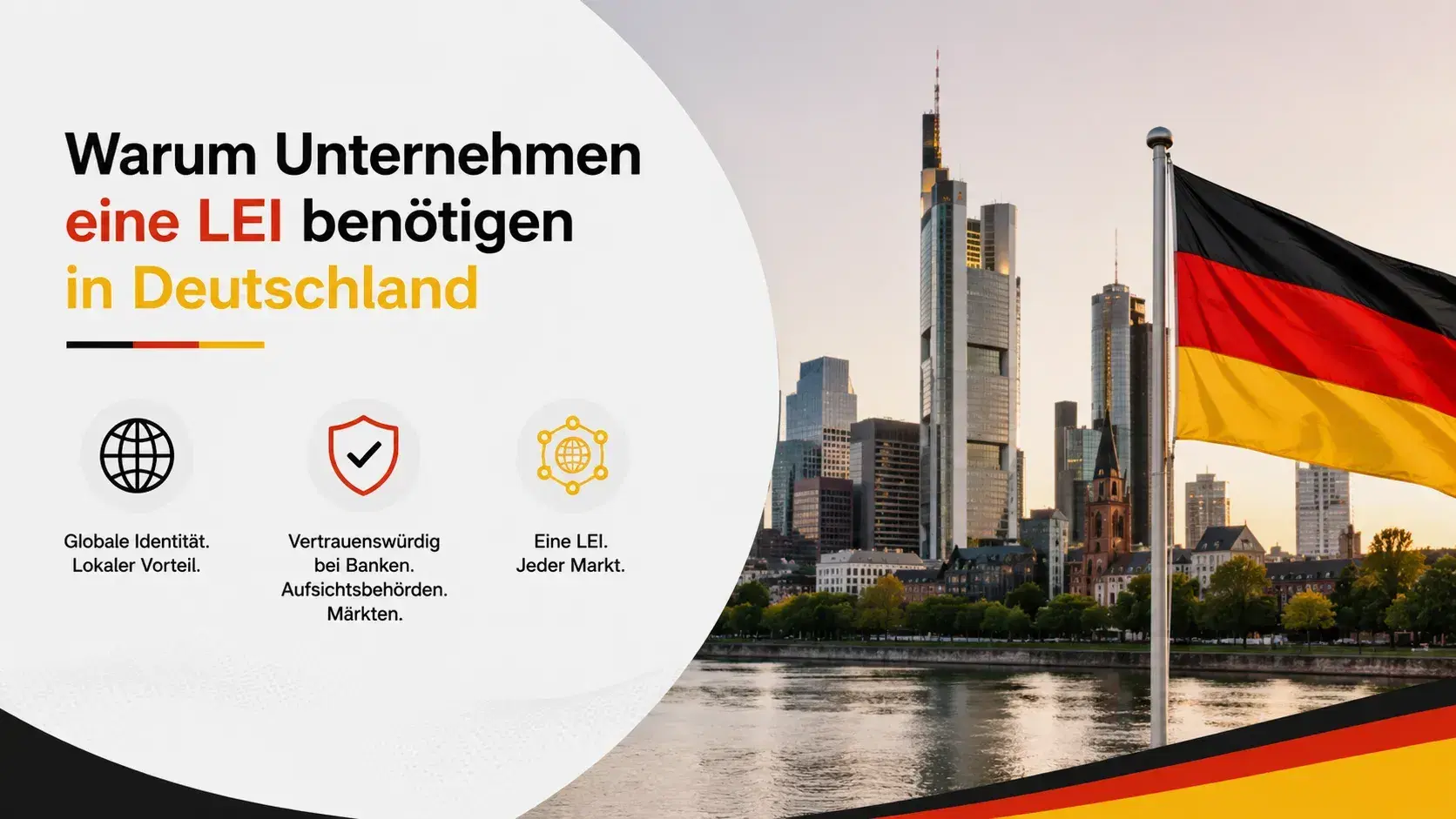 Deutsche Flagge und Frankfurter Skyline zur Darstellung der Bedeutung des LEI für vertrauenswürdige globale Identifikation und Marktzugang.